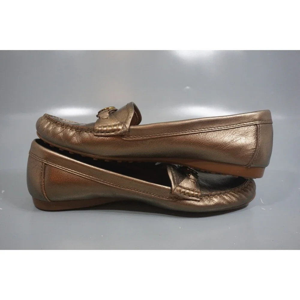 Coach Fonda Womens 7.5B Gold Patent Leather Driving Loafers Moccasin Flats Logo
